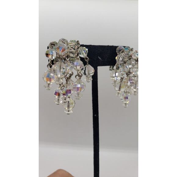 Vintage Earrings AB Crystal Waterfall Chandelier Clip Iridescent Rare Laguna - Picture 6 of 8